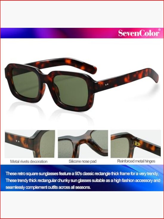 Retro Square Sunglasses Trendy Thick Rectangle 90s Vintage Shades UV Protection main image 7